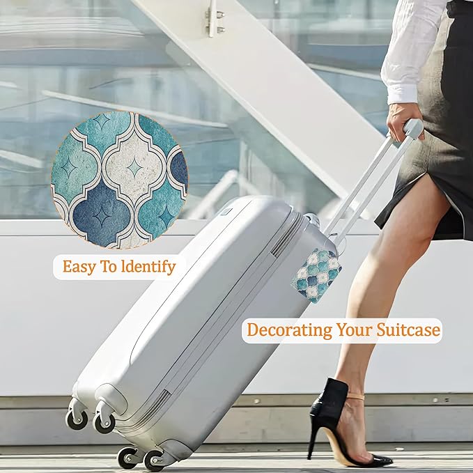 Blue Tiles Luggage Tags for Suitcase 3 Pack, Leather Bag Tags Identifiers with Privacy Name Address Labels and Durable Steel Loop for Men Women Backpack