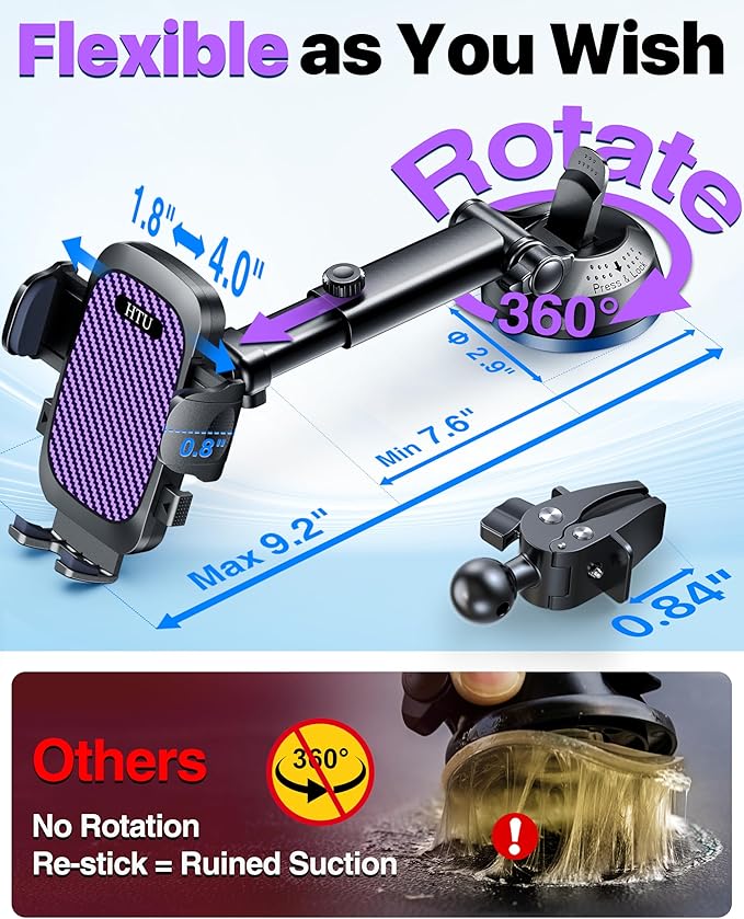 2026 Ultimate Best【True Military-Grade & Safety Cert】Car Phone Holder【Upgraded 5-in-1 & 100+LBS Strongest Suction】360 Rotation Truck Windshield Dashboard Vent Mount Stand for iPhone Android, Purple