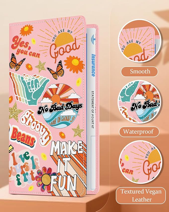 Slohif Car Registration and Insurance Card Holder with Magnetic Shut - Vehicle Glove Box Organizer Women Leather Automobile License Holders Coasters Auto Accessories Case for Document Funny Y2K