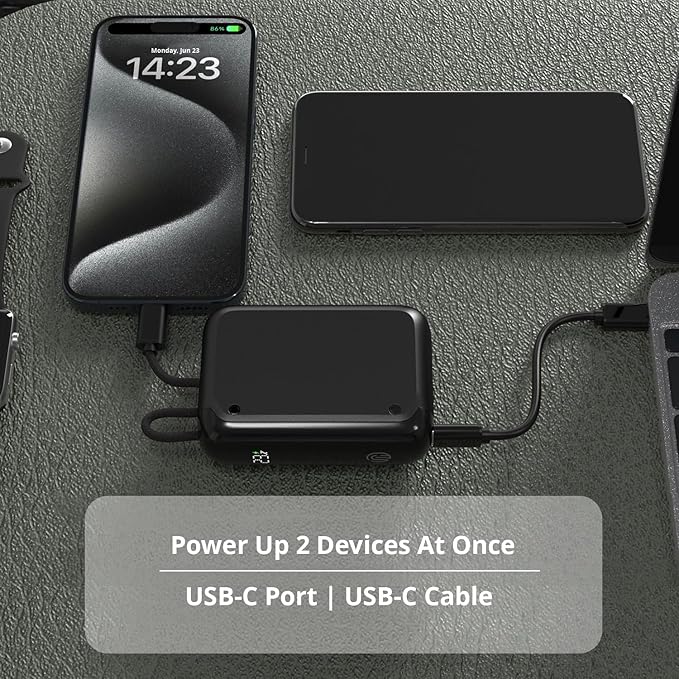 10000mAh Power Bank with 30W Fast Charging - Ultra Compact Portable Charger for iPhone, Samsung, Laptop, & More - Built-in USB-C Cable & PD Port (Gray)