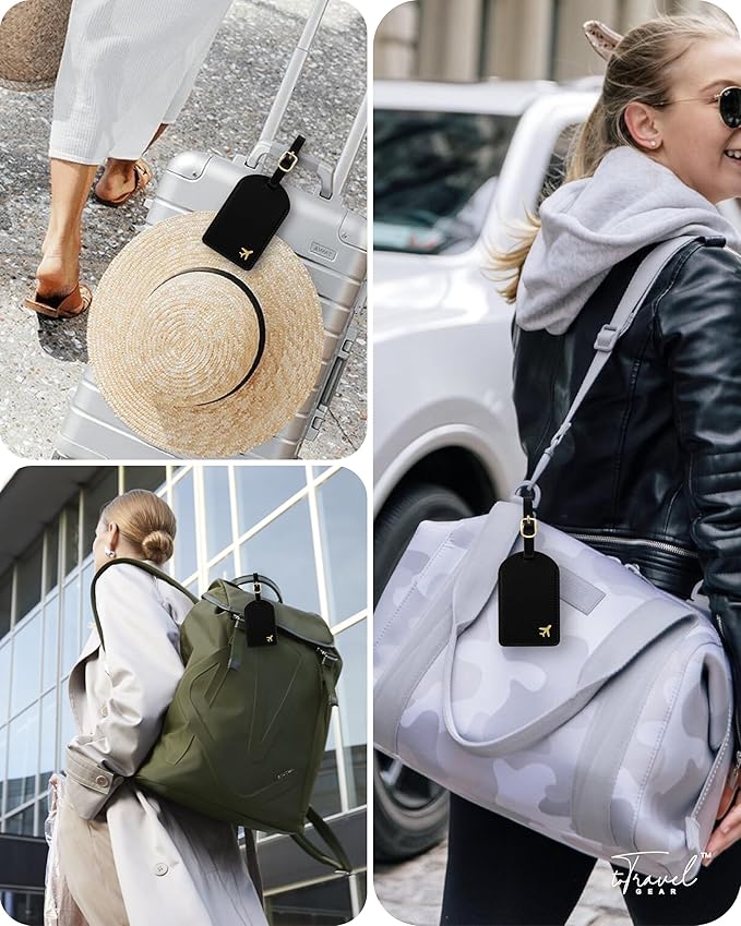 Luggage Tags for Suitcases,2 Pack PU Leather Privacy Protection Bag Tags Travel Accessories Essentials,Black