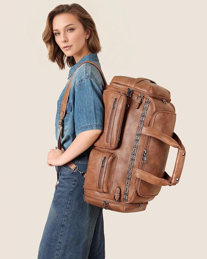 FADEON Duffle Bag for Women, Large Convertible Carry on Overnight Backpack, Designer Leather Mens Weekend Bags for Travel