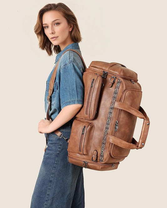 FADEON Duffle Bag for Women, Large Convertible Carry on Overnight Backpack, Designer Leather Mens Weekend Bags for Travel