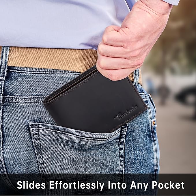 Travelambo Wallet for Men Real Leather Mens Bifold Wallet RFID Blocking - Thin & Stylish with ID Window in Gift Box (Crazy Horse, Coffee)