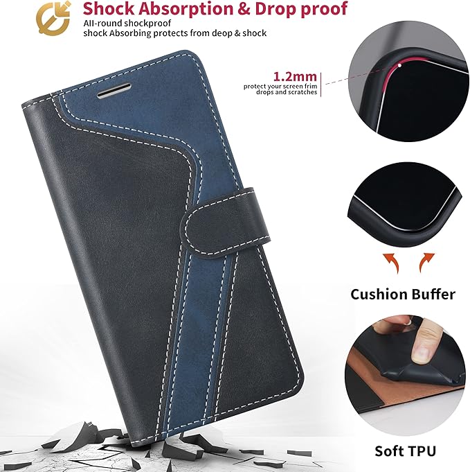 CIVICASE for iPhone 12/iPhone 12 Pro Wallet Case,Leather Flip Case [RFID Blocking] Credit Card Holder Folio Magnetic Stand TPU Shockproof Cover Color Matching for iPhone 12/iPhone 12 Pro,Black Blue