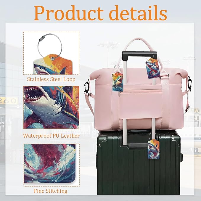 Shark Luggage Tags for Suitcase 3 Pack, Privacy Cover ID Label with Stainless Steel Loop and Address Card for Travel Bag Suitcase