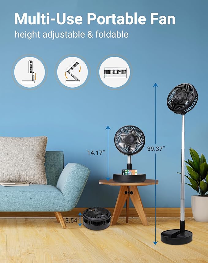 Primevolve Battery Operated Fan,Portable Rechargeable USB Floor Table Desk Fan with Adjustable Height, 4 Speed Settings Pedestal Fan for Bedroom Camping Travel,Black 7.7"
