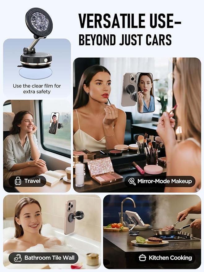 ETODBUWS Upgraded Vacuum Magnetic Car Phone Holder for MagSafe[108+LBS Strongest Suction & 3000gf Strongest Magnetic],360° Adjustable Suction Cup Phone Mount for Car,Gym,Mirror,Men Women-Black