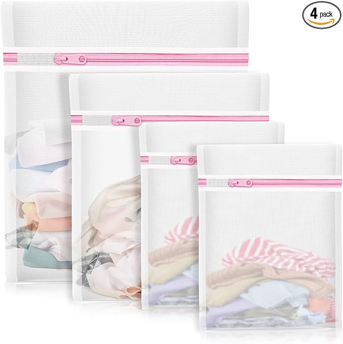 4Pcs Mesh Laundry Bags, Lingerie Bags for Washing Delicates,Mesh Wash Bags for Toy Storage & Cleaning, Travel Storage Organizer Bag, Dorm Room Essentials (1 Large, 1 Medium, 2 Small) (Fine Net)