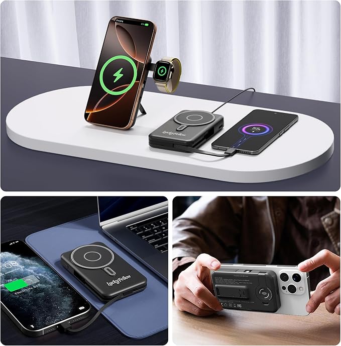 Magnetic Portable Charger Built-in Cables,10000mAh Fast Charging Wireless Charger Station External Battery Pack Slim Pocket Size Power Bank with Stand Compatible with iWatch, iPhone and Android Phones