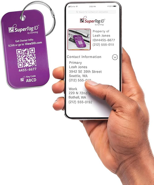 Dynotag® Sentry Series Solid Metal Web Enabled Smart Luggage Tag ID + Steel Loop, Anodized Aluminum with DynoIQ™ & Lifetime Recovery Service (Imperial Purple)