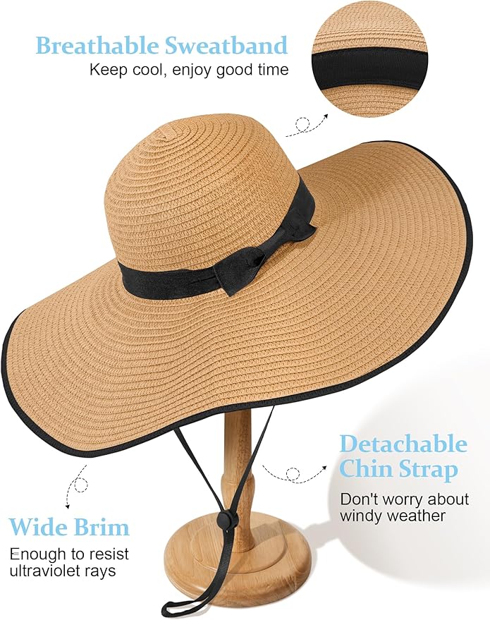 Senker Fashion Sun Hats for Women Oversize Wide Brim Straw Beach Hat Floppy Foldable Roll-Up Summer Vacation UPF 50+