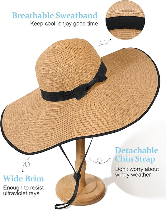 Senker Fashion Sun Hats for Women Oversize Wide Brim Straw Beach Hat Floppy Foldable Roll-Up Summer Vacation UPF 50+