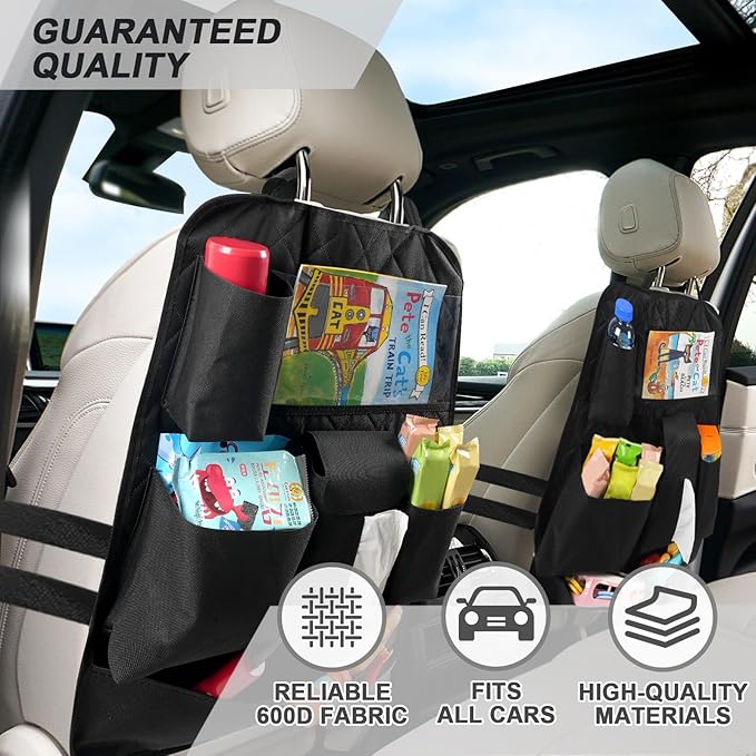 GMQ Backseat Car Organizer with Touch Screen,Kick Mats Back Seat Organizer for Kids,Multifunctional Seat Back Organizer Car Travel Accessories (Black, 1 PC)