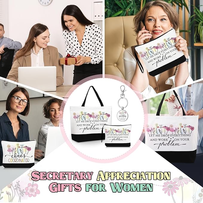 Kacctyen 3 Pcs Secretary Gifts Fine Canvas Tote Bag Administrative Assistant Makeup Cosmetic Bag Appreciation Keychains Gifts for Women Secretary Birthday