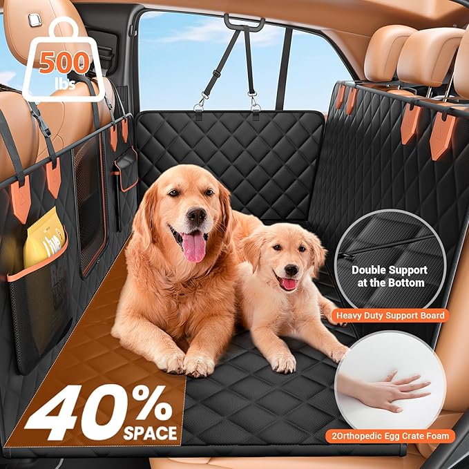 Dog Seat Cover for Back Seat, Hard Bottom Back Seat Extender Holds 500 lbs, Waterproof & Nonslip Car Hammock for Large Pets, Comfortable Travel Seat Protector for SUV and Sedan