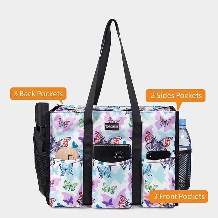 TOPDesign Utility Water Resistant Tote Bag with 13 Pockets, Top Zipper Closure & Thick Bottom Support, for Working Women