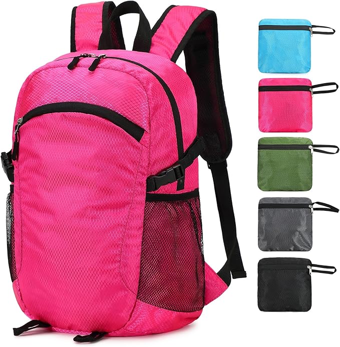 Small Hiking Backpack 15L Travel Lightweight Hiking Packable Daypack Water-Resistant Foldable Backpacks for Women Men Camping (Pink)