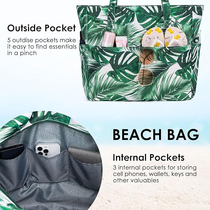 KABAQOO Extra Large Beach Bag Waterproof Sandproof Women Beach Tote with Zipper & Wet Compartment for Pool Gym Grocery Travel