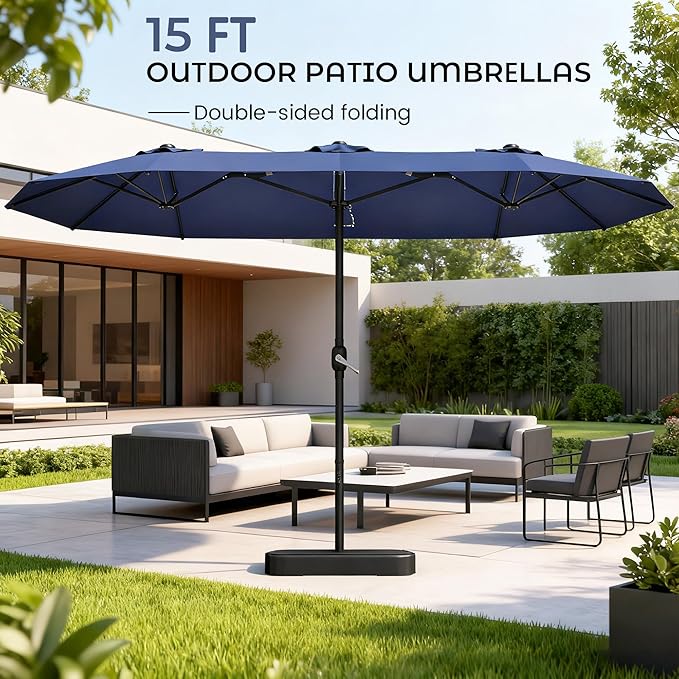 DomeShade 15ft Patio Umbrella with Base,Large Outdoor Double-Sided Rectangle Umbrella with Crank Handle, Market Umbrella for Poolside Garden Deck Backyard Beach Pools, Blue