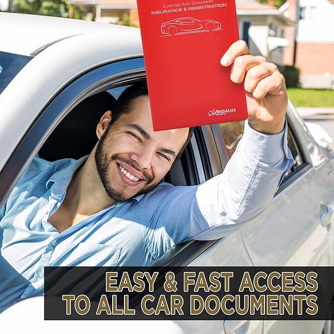 Andalus Auto Registration & Insurance Card Holder Pack of 1, Waterproof Essential Car Registration Holder with Hook & Velcro Closure, Perfect for Every Vehicles Glove Boxes (Red - 9.5" x 5.15")