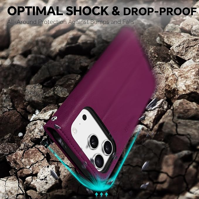 TUCCH Detachable Case Wallet for iPhone 17 Pro (6.3") 2025, Wrist Strap | 4 Card Slots RFID Blocking | Wireless Charging | Stand | 2-in-1 Magnetic | PU Leather | Shockproof Folio Cover | Plum Purple