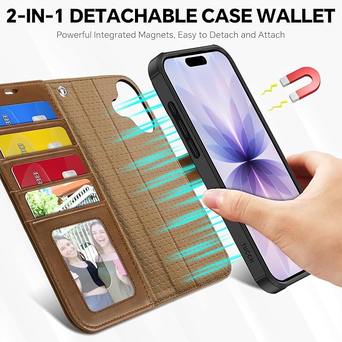 TUCCH Detachable Case Wallet for iPhone 17 (6.3") 2025, Wrist Strap, 4 Card Holders RFID Blocking, Wireless Charging, Stand, 2-in-1 Magnetic, PU Leather, Shockproof Folio Cover, Brown