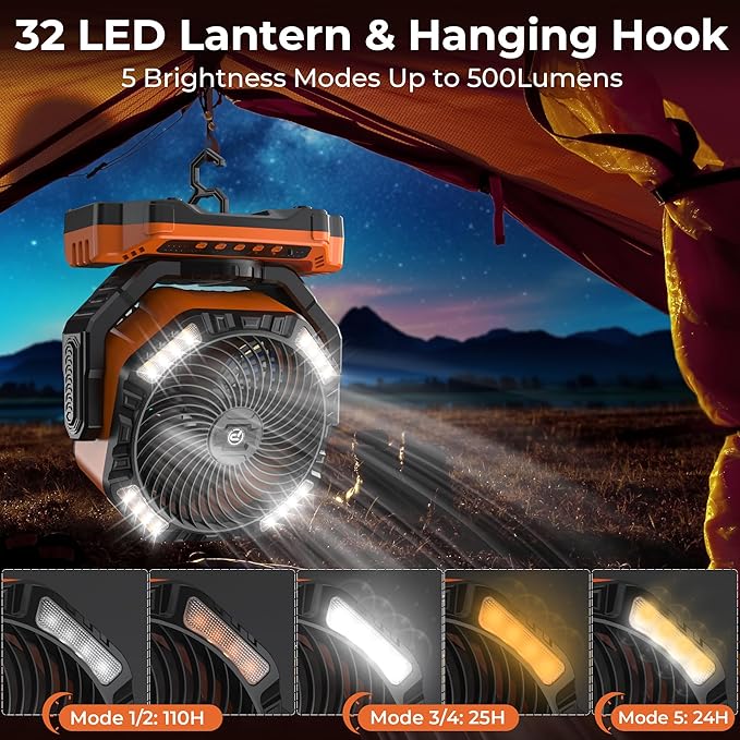 20000mAh Camping Fan with Light - 12in Rechargeable Battery Powered Fan (68H Cool Max), 90°Auto Oscillating with Remote & Hook, 4 Speeds & Timers for Outdoor/Patio/Garage/Jobsite/Hurricane/Outage