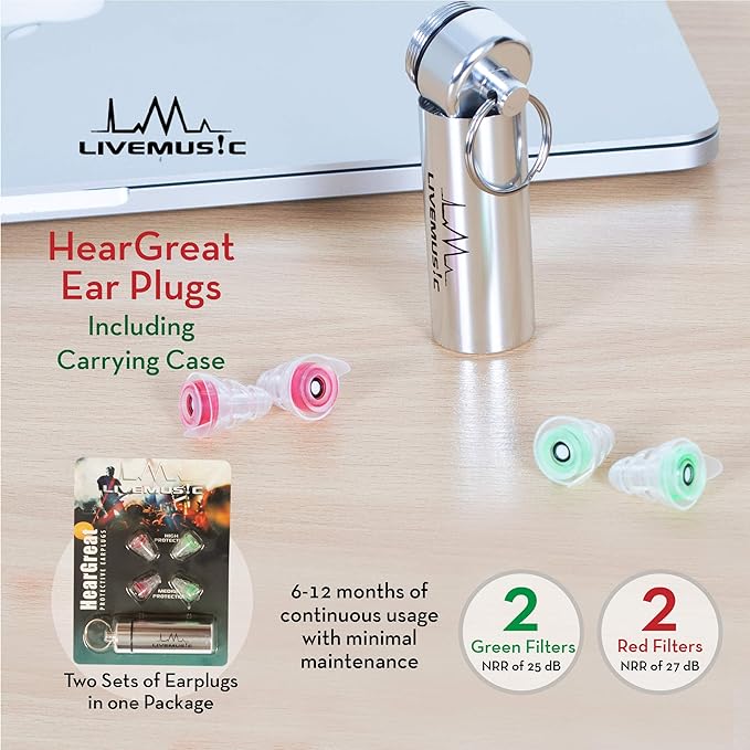 HearGreat Reusable Silicone Ear Plugs – 2 Pairs of High Fidelity Ear Plugs for Sleeping, Concerts, Travel, Work, and More – 21 dB and 27 dB Hearing Protection Plugs with Aluminum Case by LiveMusic