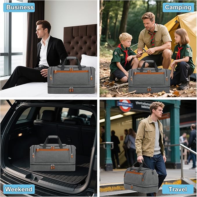 Canvas Travel Duffel Bag for Men - 21 Inch Expandable 47L Weekender Bags with Trolley Sleeve & Toiletry Bag, Overnight Carry On Luggage with Removable Shoulder Strap, Durable & Water-Resistant