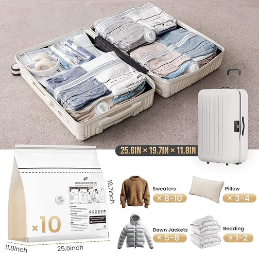 TAILI Vacuum Storage Bags for Travel, Medium Cube (25x19x11 inch), 10 Pack Vacuum Seal Bags for Clothing, Compression Packing for Clothes, Blankets, Baby Clothes, No Pump Needed, Travel Essential