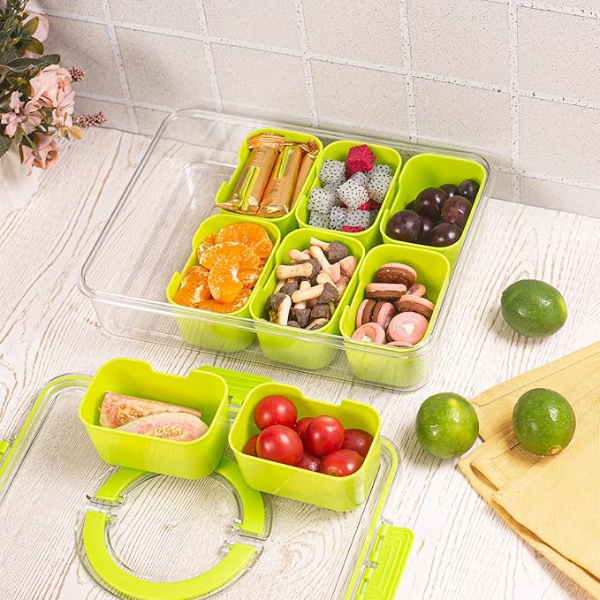 Divided Serving Tray with Lid and Handle - Snackle Box Charcuterie Container for Portable Snack Platters Organizer for Candy, Fruits, Nuts, Snacks - Perfect for Party, Entertaining, Green