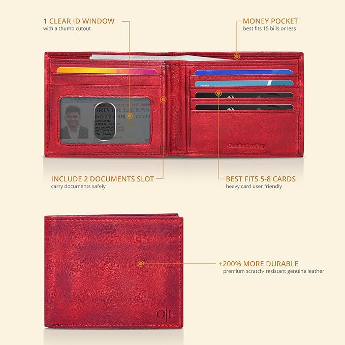 Oak Leathers Slim Leather Wallet for Men - RFID Blocking Slim Minimalist Front Pocket - Thin & Stylish with ID Window, Gift For Men (Vintage Red)