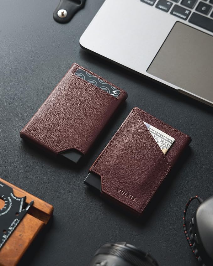 VULKIT Pop up Card Wallet Genuine Leather RFID Blocking Slim Aluminum Metal Bank Card Holder Case with Business Money Pocket for Credit Cards Notes and Coins Espresso