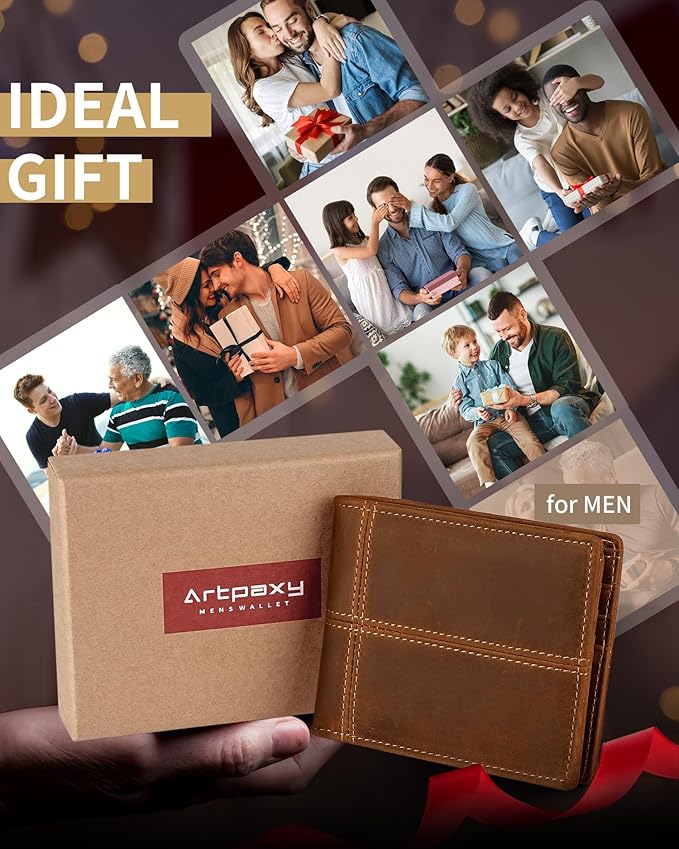 Artpaxy Mens Wallet Bifold Genuine Leather RFID Blocking Wallet for Men with 2 ID Windows 12 Card Holders 2 cash pockets 1 Gift Box