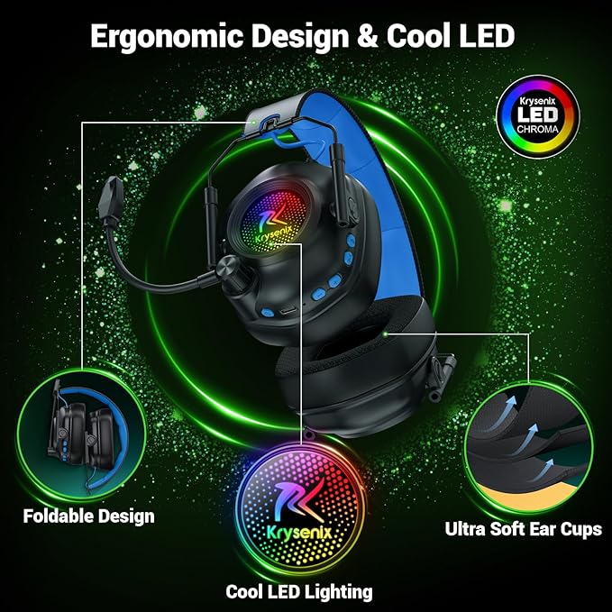 Wireless Gaming Headset with Noise Canceling Microphone for PC, PS5, PS4, Switch, Mac, 2.4 GHz Wireless & Bluetooth 5.4 Gaming Headphones, Cool RGB Lighting, 50Hr Battery, 50mm Drivers(Blue)
