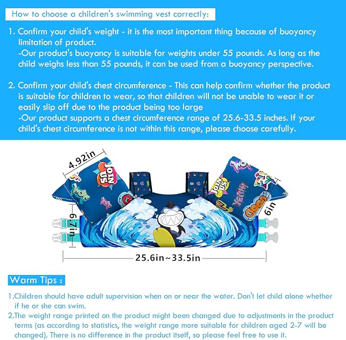 Chriffer Kids Swim Vest Life Jacket for 30-55 Pounds Boys and Girls, Toddler Floaties with Shoulder Harness Arm Wings for 2,3,4,5,6,7 Years Old Baby