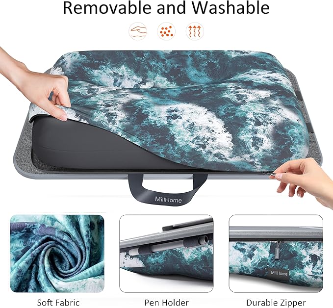 Millhome Lap Desk | Portable Laptop Desk – Fits Up to 17.3" Laptops –Detachable & Washable, Phone Holder, Device Ledge – for Writing, Working, Reading on Bed, Couch, Sofa, Floor – Blue Waves