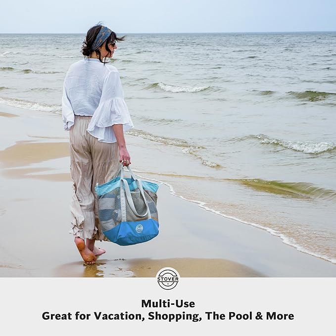 STOVER Large Mesh Beach Bag, Vacation, Pool, Shopping, & Travel Tote - Foldable w/Storage Pockets for Women, Men & Families