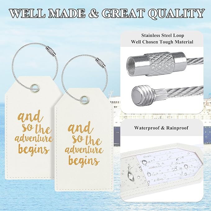 Luggage Tag & Initial Baggage Tags for Suitcases Leather Bag Tags for Backpacks Handbag School Instrument with Name ID Label Travel Essentials, Unique Fun Ivory White Personalized Luggage Tags 2 Pack