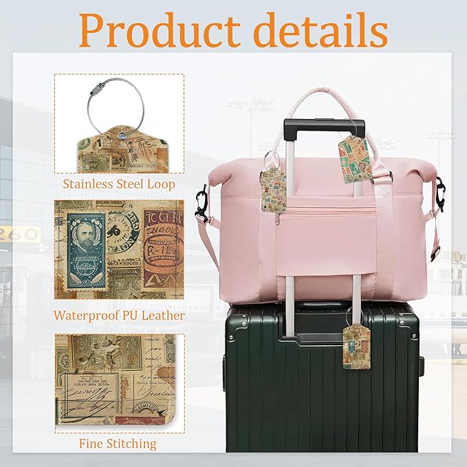 Stamp Luggage Tags for Suitcase 3 Pack, Privacy Cover ID Label with Stainless Steel Loop and Address Card for Travel Bag Suitcase