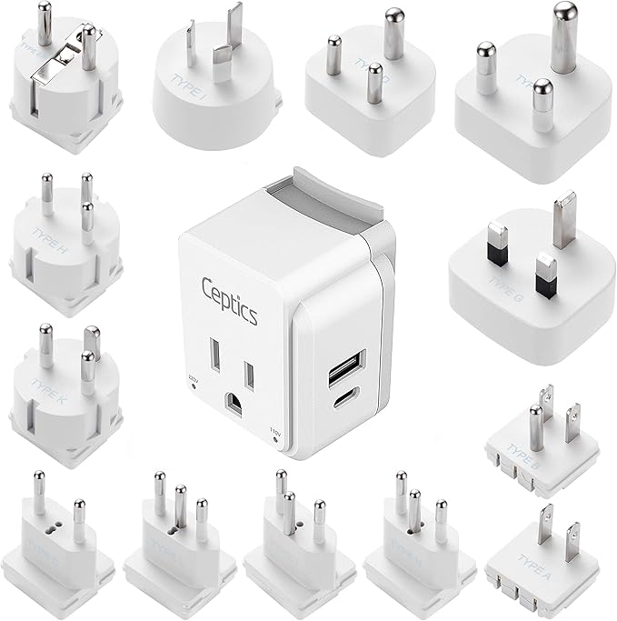 Ceptics International Power Plug Adapter Travel Set, 20W PD & QC, Safe Dual USB & USB-C 3.1A - 2 USA Outlet - Compact - Use Europe, Asia, Africa In Worldwide - Includes 13 Type SWadAPt Attachments