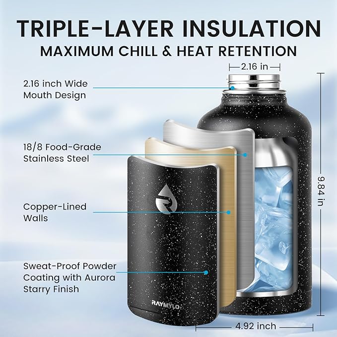 64oz Insulated Water Bottle, Triple Wall Vacuum Stainless Steel Water Bottles - Keeps Cold 48H, Reusable Half Gallon Jug for Gym, Sports, Camping, Hiking,Travel, Starry Sky-Black