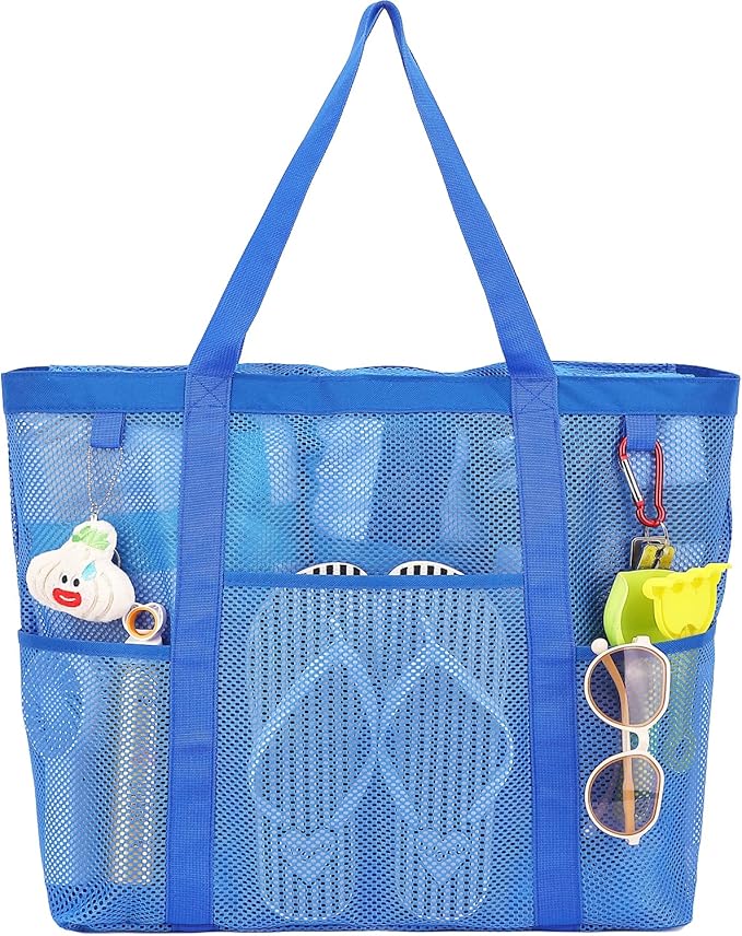 Mesh Beach Bag, Large Beach Tote with Zipper Pocket for Family Pool Bag for Toys & Vacation Essentials