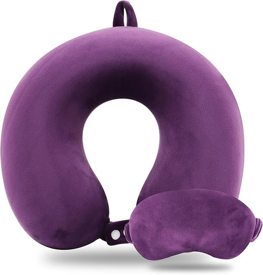 Sexysamba Pure Memory Foam Travel Pillow Set for Adults - Comfortable & Removable Machine Washable Cover, Neck Support Pillow Airplane Travel Kit with Eye Mask for Portable Plane Accessories - Purple