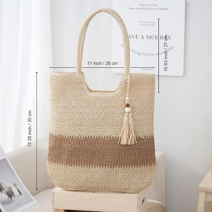 Straw Beach Bags for Women Woven Beach Tote Bag Casual Boho Large Shoulder Handbags Purse for Vacation Holiday
