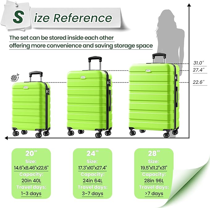 AnyZip Luggage Sets 3 Piece Hardshell Suitcase Set PC ABS Lightweight Travel Suitcases with 4 Double Spinner Wheels TSA Lock 20 24 28 Inch Apple Green