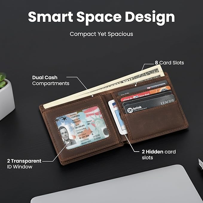 Trizek Leather Wallet for Men, Genuine Leather RFID Blocking Bifold Wallet, Minimalist Slim Design, Stylish and Secure Credit Card Holder (Brown)