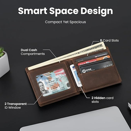 Trizek Leather Wallet for Men, Genuine Leather RFID Blocking Bifold Wallet, Minimalist Slim Design, Stylish and Secure Credit Card Holder (Brown)
