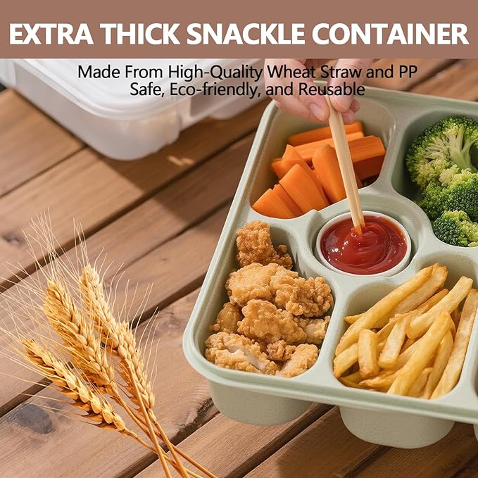 Dishwasher Safe Snackle Box Container, Snack Divided Serving Tray with Lid, Portable Snack Organizer with Date Marker, 2 Dressing Containers, Fork and Spoon, Green
